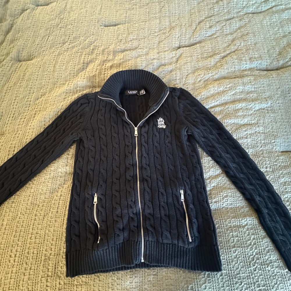 Ralph Lauren Black Cable Knit Zip Up Sweater - Black Label - Size XS